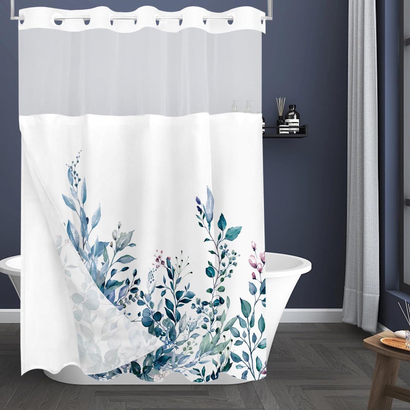 Tititex No Hooks Snap in Liner Blue Eucalyptus Leaves Startain Stain Sets Hotel Luxury Double Place Flace & SEED-SEPRING WINDOW DINCHITIVE 60 × 72 بوصة - Image 3