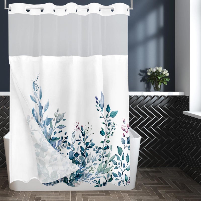 Tititex No Hooks Snap in Liner Blue Eucalyptus Leaves Startain Stain Sets Hotel Luxury Double Place Flace & SEED-SEPRING WINDOW DINCHITIVE 60 × 72 بوصة - Image 2