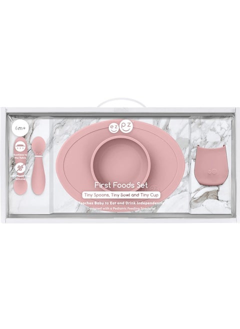 Tiny Collection Set Blush 100 Percent Silicone Cup Spoon and Bowl With Built in Placemat for First Foods Baby Led Weaning Purees Designed by a Pediatric Feeding Specialist 4 Months+