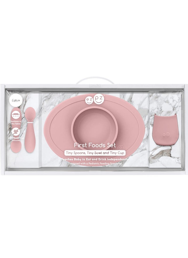 Tiny Collection Set Blush 100 Percent Silicone Cup Spoon and Bowl With Built in Placemat for First Foods Baby Led Weaning Purees Designed by a Pediatric Feeding Specialist 4 Months+