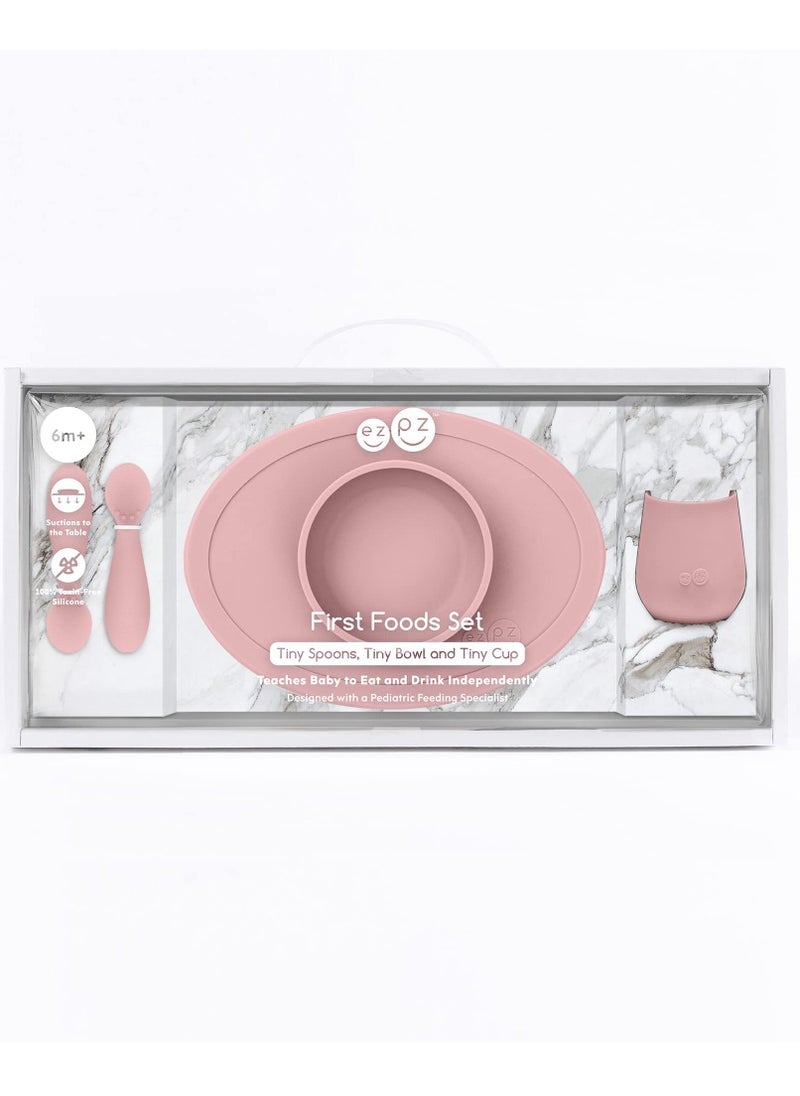 Tiny Collection Set Blush 100 Percent Silicone Cup Spoon and Bowl With Built in Placemat for First Foods Baby Led Weaning Purees Designed by a Pediatric Feeding Specialist 4 Months+