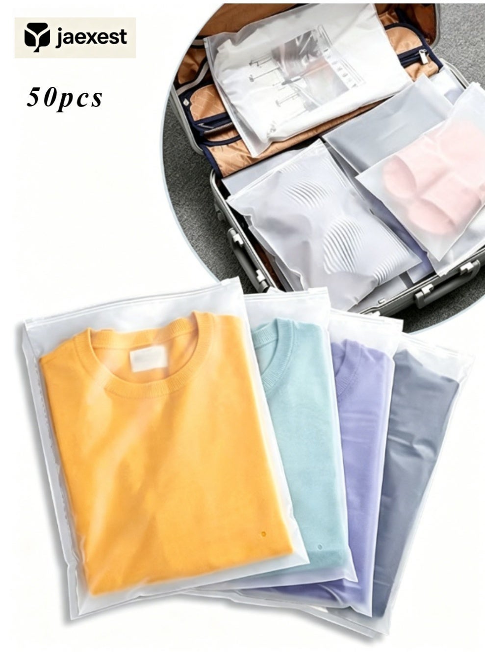 jaexest 50 Pack T-Shirt Packaging Bags – 12x14 Inch Clear Zipper Plastic Bags for Clothes | Resealable Frosted Zip Lock Bags for Pants, Shirts, Sweaters – 3 Mil – Apparel Storage & Selling