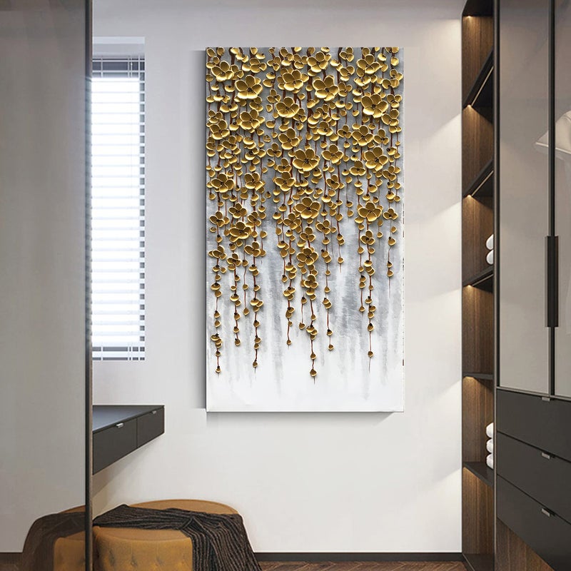Epicler art إيبيكلر آرت 3D عمودي تجريدي لوحة قماشية زيتية لفن الجدار, 116x57سم لوحة زهور ذهبية لفن الجدار, ديكور جدار غرفة المعيشة المنزلية لوحة تجريدية للفن - Image 3
