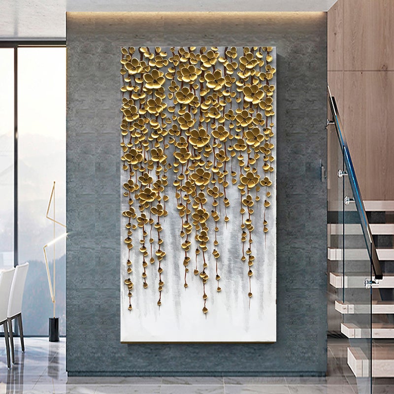 Epicler art إيبيكلر آرت 3D عمودي تجريدي لوحة قماشية زيتية لفن الجدار, 116x57سم لوحة زهور ذهبية لفن الجدار, ديكور جدار غرفة المعيشة المنزلية لوحة تجريدية للفن - Image 4