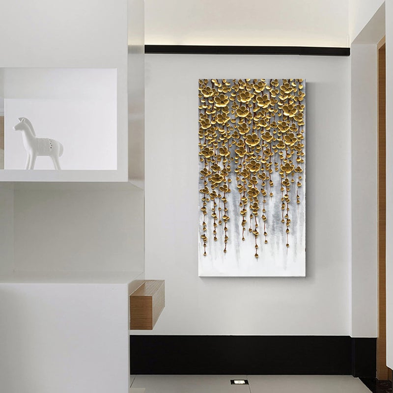 Epicler art إيبيكلر آرت 3D عمودي تجريدي لوحة قماشية زيتية لفن الجدار, 116x57سم لوحة زهور ذهبية لفن الجدار, ديكور جدار غرفة المعيشة المنزلية لوحة تجريدية للفن - Image 5