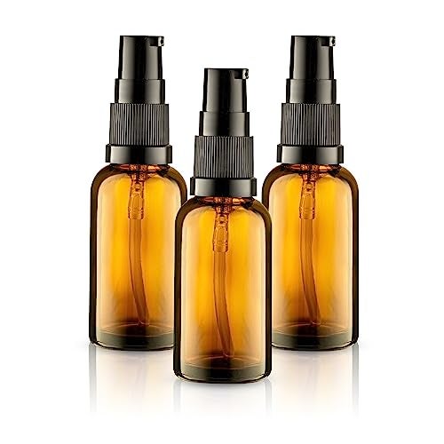 VitalUp 3 Pack Empty Refillable Glass Amber Pump Bottle Ideal for Lotion Cream Essential Oil Travel Small Container 30ml - Image 1