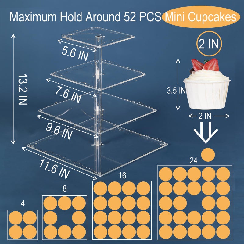 HENABLE 4 Tier Premium Cupcake Stand Cupcake Holder, Acrylic Cupcake Tower with LED Yellow Light for Cupcakes, Dessert Table Display Set for Birthday, Bar, Decor Weddings, Parties Events - Image 2