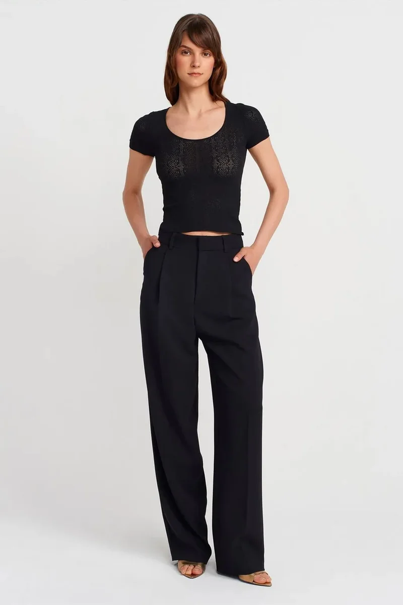 Dilvin Black DILVIN Slim Fit Ribbed Textured Blouse for Women | Best Price UAE