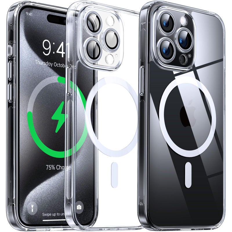 Clear Magnetic Case for iPhone 15 Pro Max (6.7'') Compatible with MagSafe & Camera Protector, [Non-Yellowing] [Shockproof & Antiscratch Protection] Hard Transparent Cover with Silicone, Clear