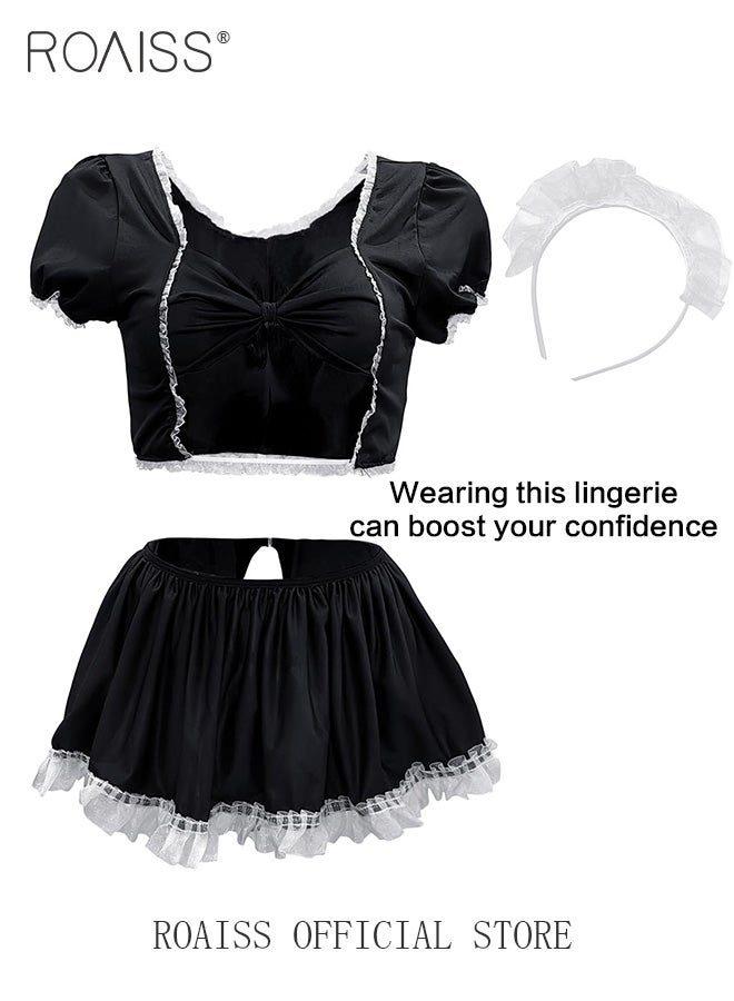 roaiss Maid Cosplay Lingerie Suit for Women Breathable and Soft Quality Outfit Cup Top and Mini Back Open Skirt with Bow Babydoll Set Ladies 5 Pack Maid Themed Fancy Slit Dress - Image 1