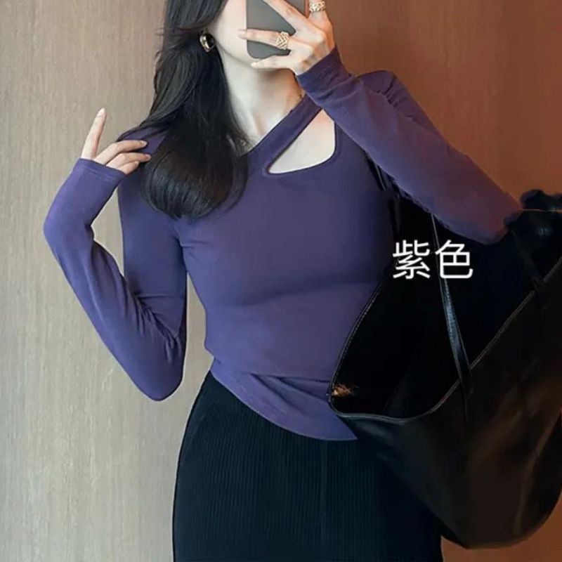Pure desire hot girl solid color tight long-sleeved undershirt womens spring and autumn niche design sense all-match outer wear top women Purple Blue DD8910