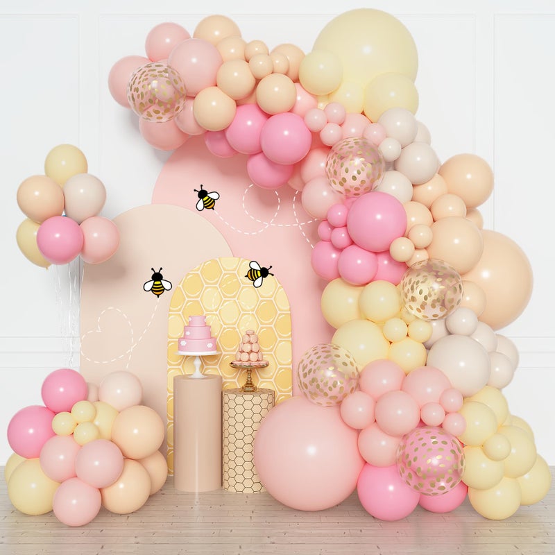 Amandir 153pcs Pink and Yellow Balloon Arch Garland Kit Different Sizes 18 12 10 5 inch Pink Pastel Yellow White Sand Cream Gold Confetti Balloons for Birthday Party Bee Bear Shower Decorations - Image 3
