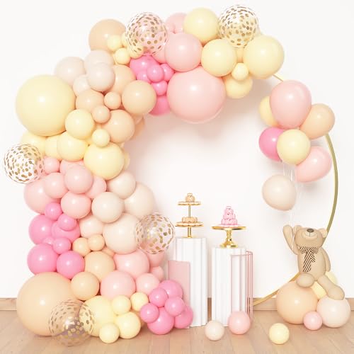 Amandir 153pcs Pink and Yellow Balloon Arch Garland Kit Different Sizes 18 12 10 5 inch Pink Pastel Yellow White Sand Cream Gold Confetti Balloons for Birthday Party Bee Bear Shower Decorations - Image 5