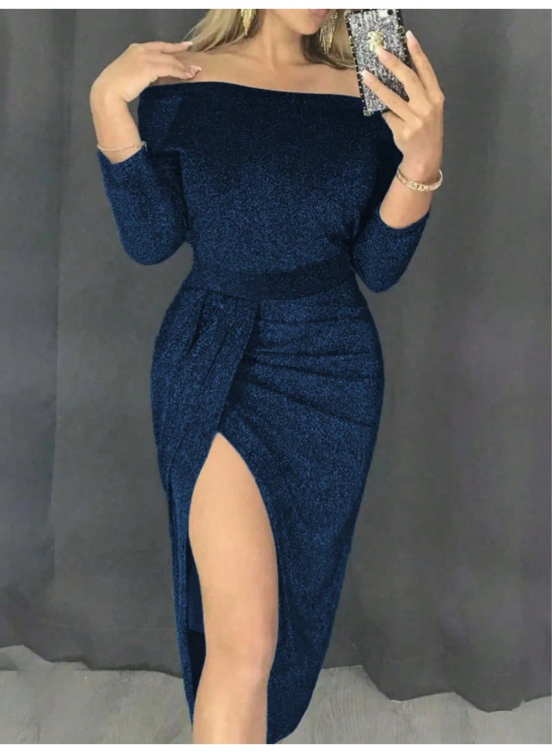 SHEIN Women Dress Elegant Cold Shoulder Sequin Midi with Slit - Navy Blue Long Sleeve Slim Fit Bodycon Cocktail Dress for Party and Formal Events - Image 2