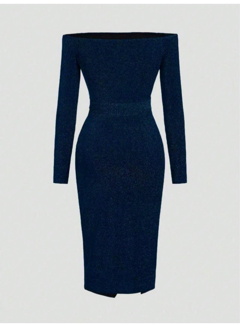 SHEIN Women Dress Elegant Cold Shoulder Sequin Midi with Slit - Navy Blue Long Sleeve Slim Fit Bodycon Cocktail Dress for Party and Formal Events - Image 3