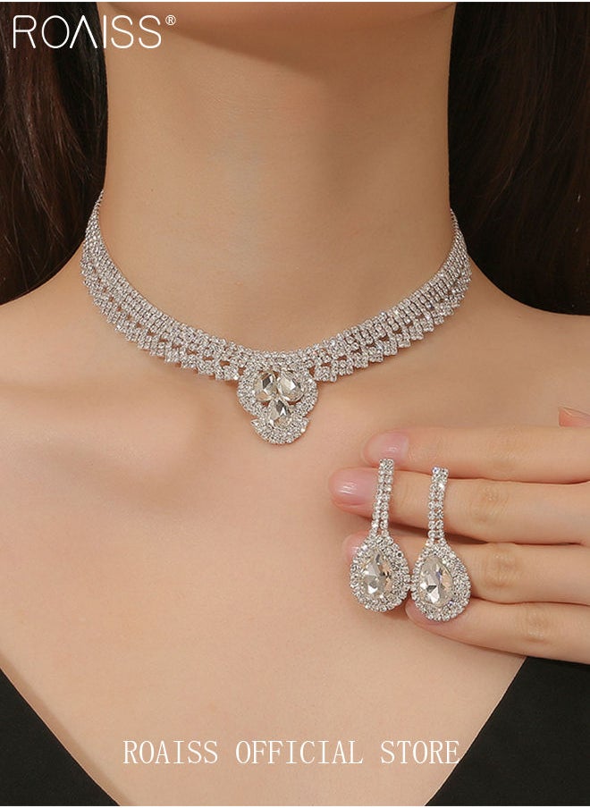 roaiss - 3 Pcs Rhinestone Necklace Earrings Set Drop-Shaped Pendant V-Neck Chain Ear Dangle Bridal Evening Dress Accessories for Women - Image 1