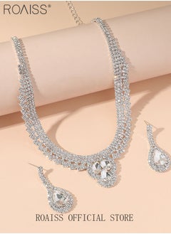 roaiss 3 Pcs Rhinestone Necklace Earrings Set Drop-Shaped Pendant V-Neck Chain Ear Dangle Bridal Evening Dress Accessories for Women  - Image 2