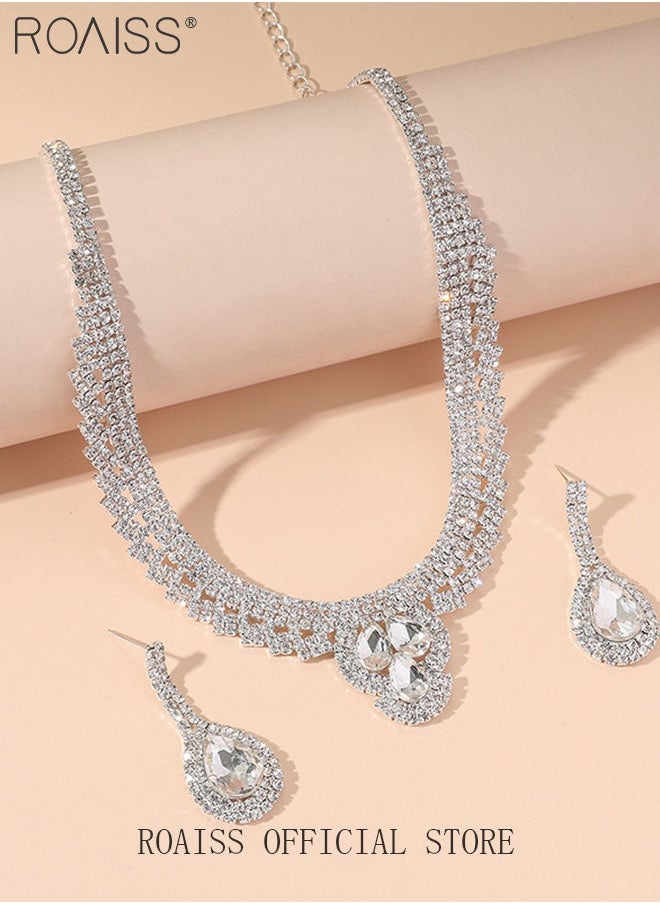 roaiss - 3 Pcs Rhinestone Necklace Earrings Set Drop-Shaped Pendant V-Neck Chain Ear Dangle Bridal Evening Dress Accessories for Women - Image 1