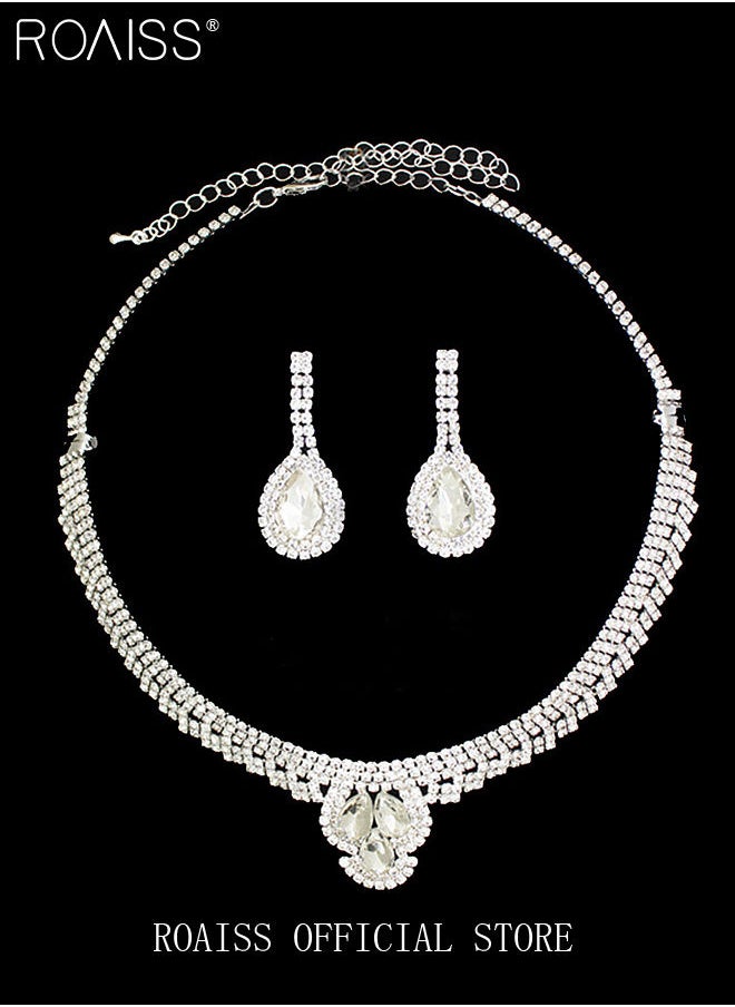 roaiss - 3 Pcs Rhinestone Necklace Earrings Set Drop-Shaped Pendant V-Neck Chain Ear Dangle Bridal Evening Dress Accessories for Women - Image 1