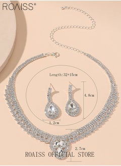 roaiss 3 Pcs Rhinestone Necklace Earrings Set Drop-Shaped Pendant V-Neck Chain Ear Dangle Bridal Evening Dress Accessories for Women  - Image 4