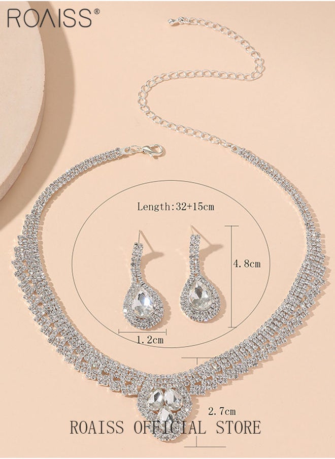 roaiss - 3 Pcs Rhinestone Necklace Earrings Set Drop-Shaped Pendant V-Neck Chain Ear Dangle Bridal Evening Dress Accessories for Women - Image 1