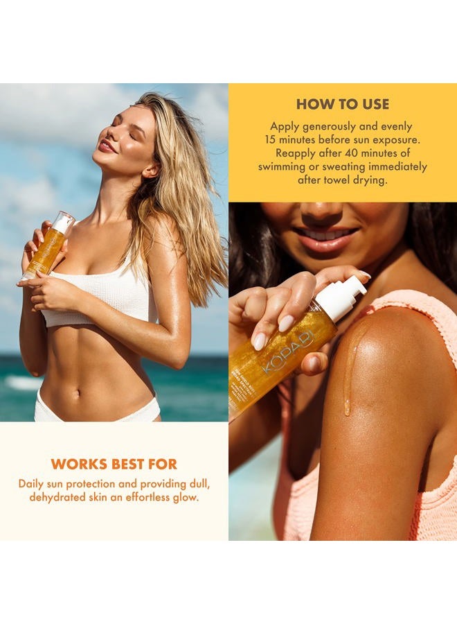 Kopari Sun Shield Body Glow, Broad Spectrum SPF 50, Lightweight Shimmering Gel Texture Absorbs Quickly, Non Sticky, Glowing Results, Gold 5 oz - Image 5
