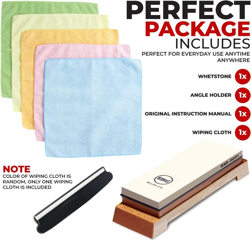 King Whetstone Starter Set Include 1000/6000 Grit Combination Whetstone made in Japan, Knife Angle Holder, B&B Japan Original Wiping Cloth and Stable Plastic Base - Image 3