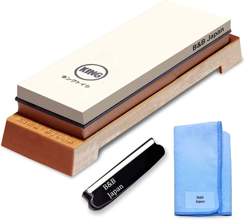 King Whetstone Starter Set Include 1000/6000 Grit Combination Whetstone made in Japan, Knife Angle Holder, B&B Japan Original Wiping Cloth and Stable Plastic Base - Image 1