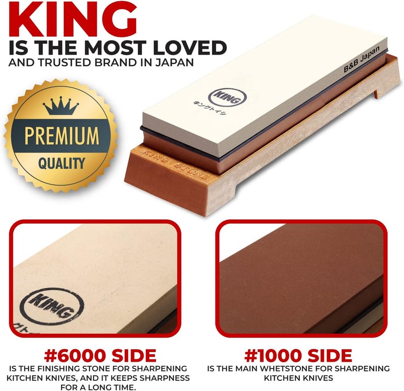 King Whetstone Starter Set Include 1000/6000 Grit Combination Whetstone made in Japan, Knife Angle Holder, B&B Japan Original Wiping Cloth and Stable Plastic Base - Image 2