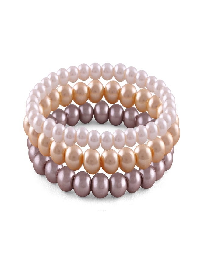 JFL - Jewellery for Less Combo of 8mm Faux Pearl 3 Stretchable Bracelets Handcrafted for Women and Girls (Combo of 3)(Baby Pink,Cream gold,Light Brown),Valentine - Image 1