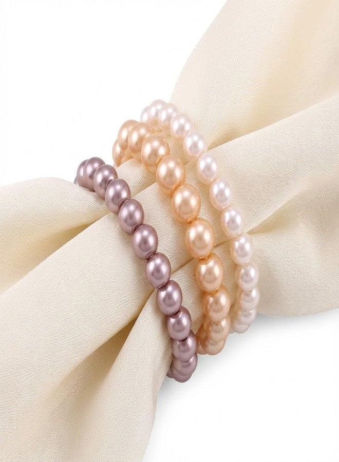 JFL - Jewellery for Less Combo of 8mm Faux Pearl 3 Stretchable Bracelets Handcrafted for Women and Girls (Combo of 3)(Baby Pink,Cream gold,Light Brown),Valentine - Image 2