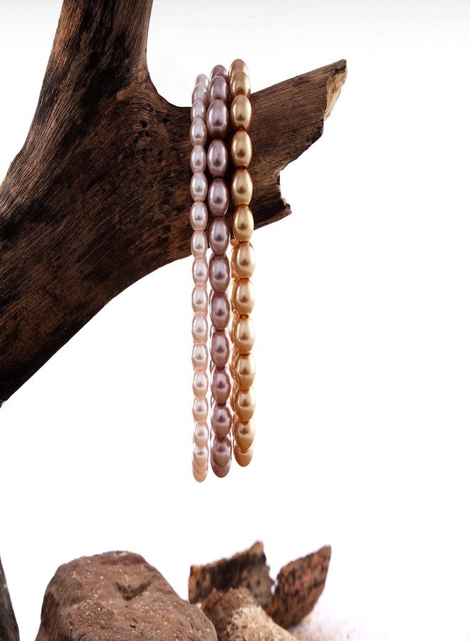 JFL - Jewellery for Less Combo of 8mm Faux Pearl 3 Stretchable Bracelets Handcrafted for Women and Girls (Combo of 3)(Baby Pink,Cream gold,Light Brown),Valentine - Image 3