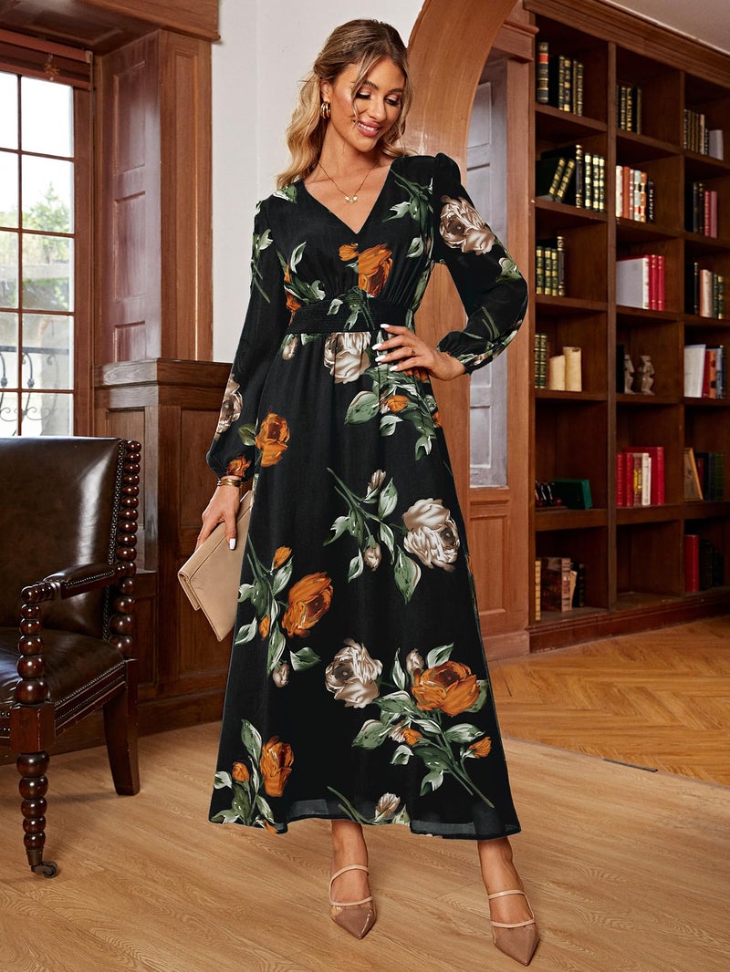 Simplee Apparel Simplee Women Casual Boho Floral Maxi Dress V Neck Long Sleeve Wedding Guest Dress Flowy Holiday Beach Empire Waist Long Dresses (Large Black) - Image 2