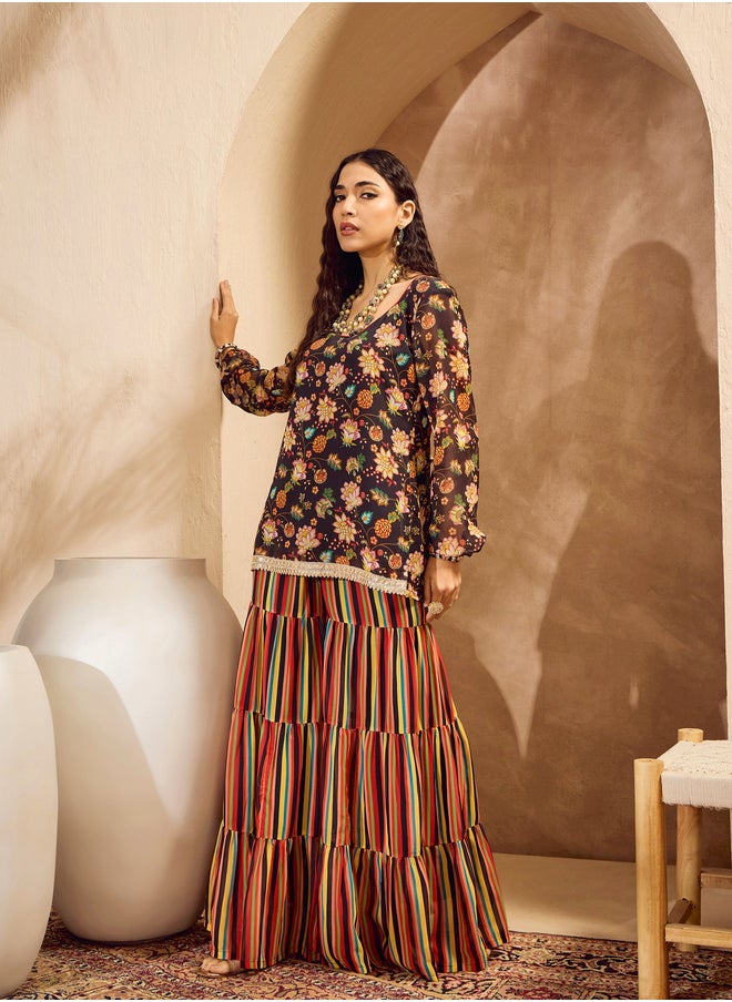 SASSAFRAS Floral Print Wide Neck Kurta with Tiered Sharara Set  - Image 5