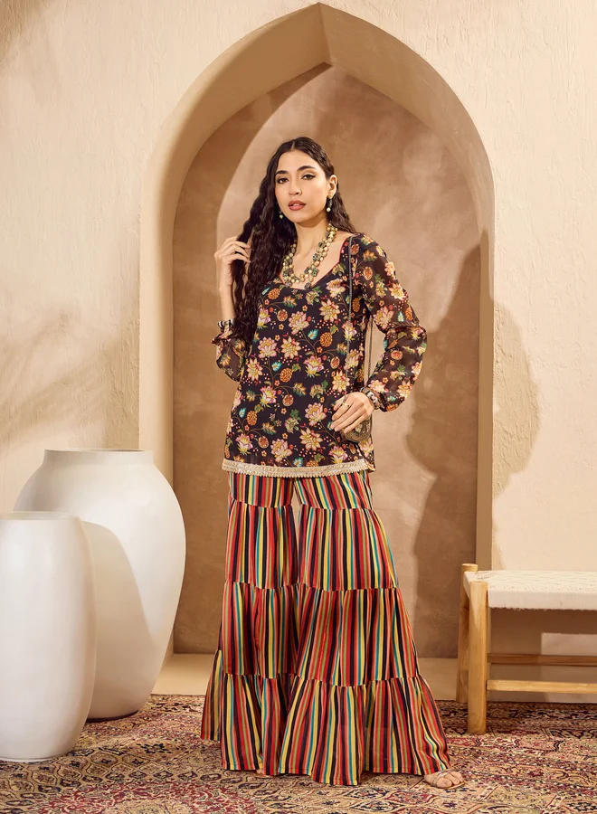 SASSAFRAS Floral Print Wide Neck Kurta with Tiered Sharara Set