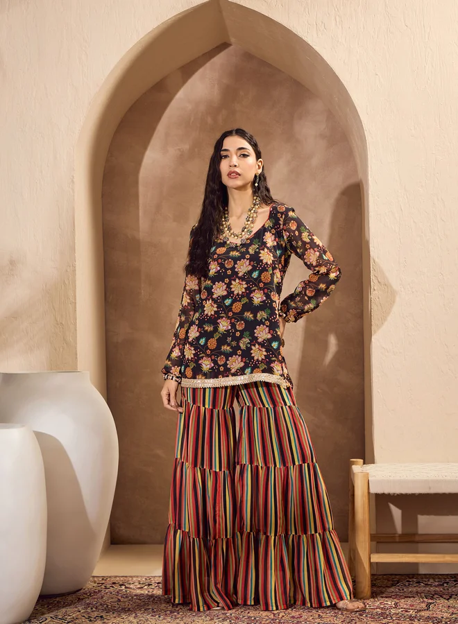 SASSAFRAS Floral Print Wide Neck Kurta with Tiered Sharara Set