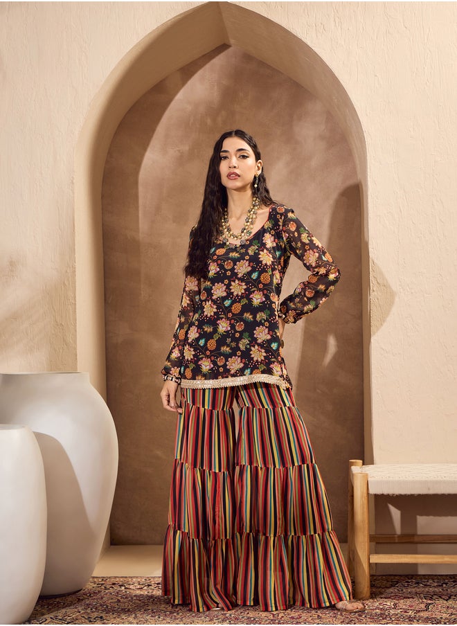 SASSAFRAS Floral Print Wide Neck Kurta with Tiered Sharara Set  - Image 4