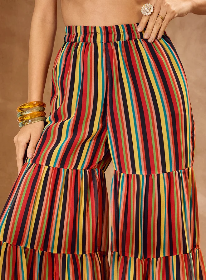 SASSAFRAS Floral Print Wide Neck Kurta with Tiered Sharara Set