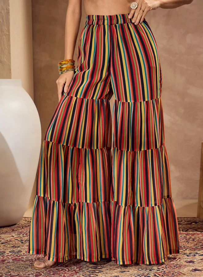 SASSAFRAS Floral Print Wide Neck Kurta with Tiered Sharara Set