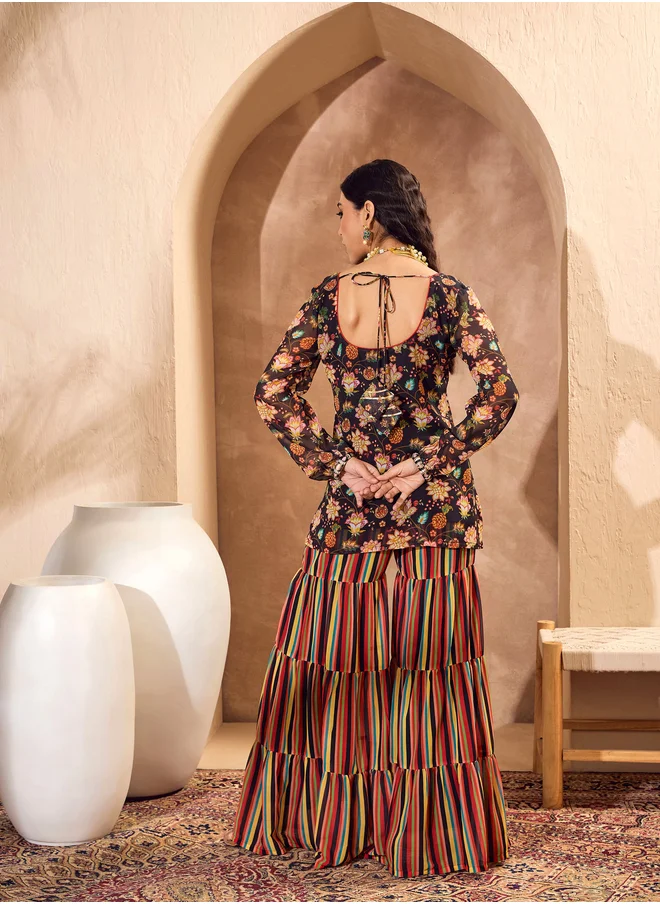 ساسافراس Floral Print Wide Neck Kurta with Tiered Sharara Set
