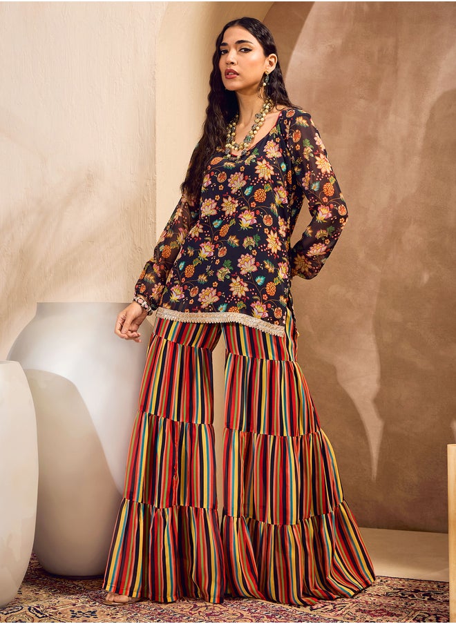 SASSAFRAS Floral Print Wide Neck Kurta with Tiered Sharara Set  - Image 1