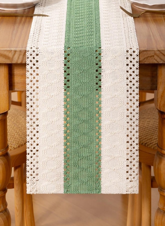 DeZerlor Boho Macrame Table Runner Easter Farmhouse Woven Small Table Runner 36 Inches Ivory& Sage Green Cotton Linen Kitchen Table Decor for Spring Dining Dresser Home Everday Use - Image 1