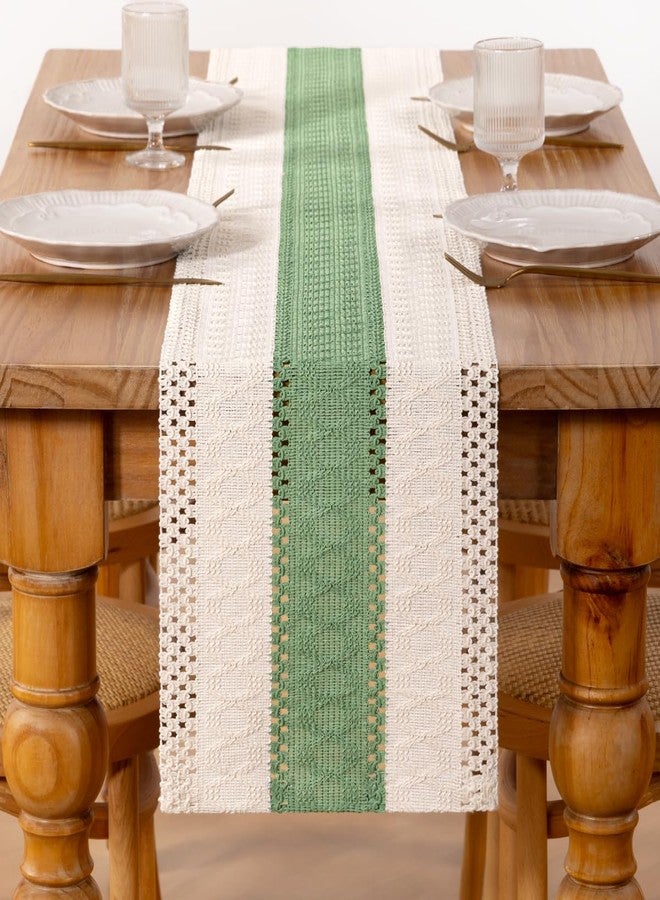 DeZerlor Boho Macrame Table Runner Easter Farmhouse Woven Small Table Runner 36 Inches Ivory& Sage Green Cotton Linen Kitchen Table Decor for Spring Dining Dresser Home Everday Use - Image 2