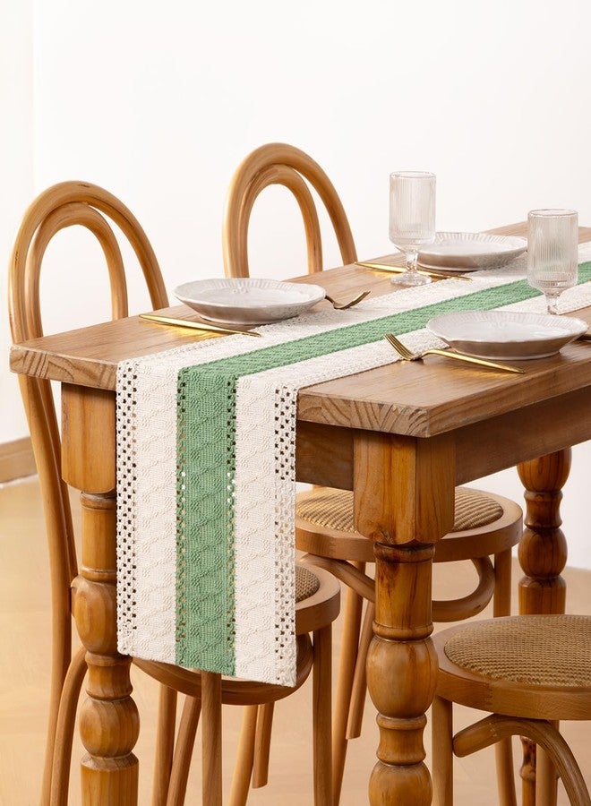 DeZerlor Boho Macrame Table Runner Easter Farmhouse Woven Small Table Runner 36 Inches Ivory& Sage Green Cotton Linen Kitchen Table Decor for Spring Dining Dresser Home Everday Use - Image 3