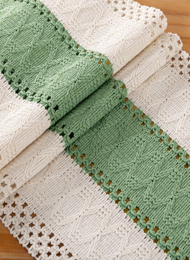 DeZerlor Boho Macrame Table Runner Easter Farmhouse Woven Small Table Runner 36 Inches Ivory& Sage Green Cotton Linen Kitchen Table Decor for Spring Dining Dresser Home Everday Use - Image 4