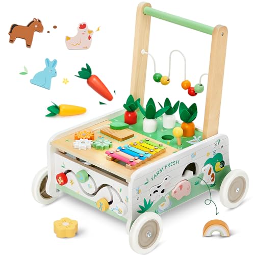 Frogprin Wooden Baby Walker Baby Push Walker Adjustable Speed Baby Walker with Wheel Toddler Activity Center Toys Montessori Farm Walker Toy with Shape Sorter Carrot Harvest for Boys and Girls - Image 1