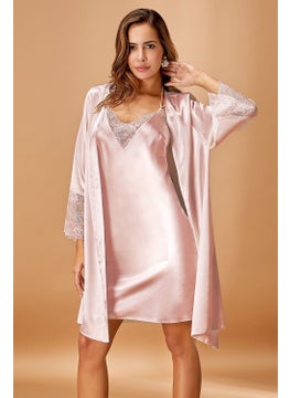 Nurteks 5336 Women's Satin Thread Strap Nightgown Dressing Gown Set-Powder 