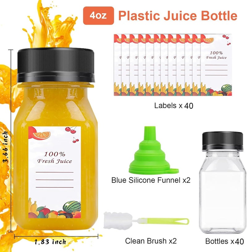 OBKJJ 40 pcs 4oz Pcs Juice Bottles, Juice Bottle with Caps Reusable Empty Clear Bottles with Label, Funnel, Brush Bulk Beverage Containers for Juicing, Drinking, Smoothie and Other Beverages (4-OZ) - Image 3