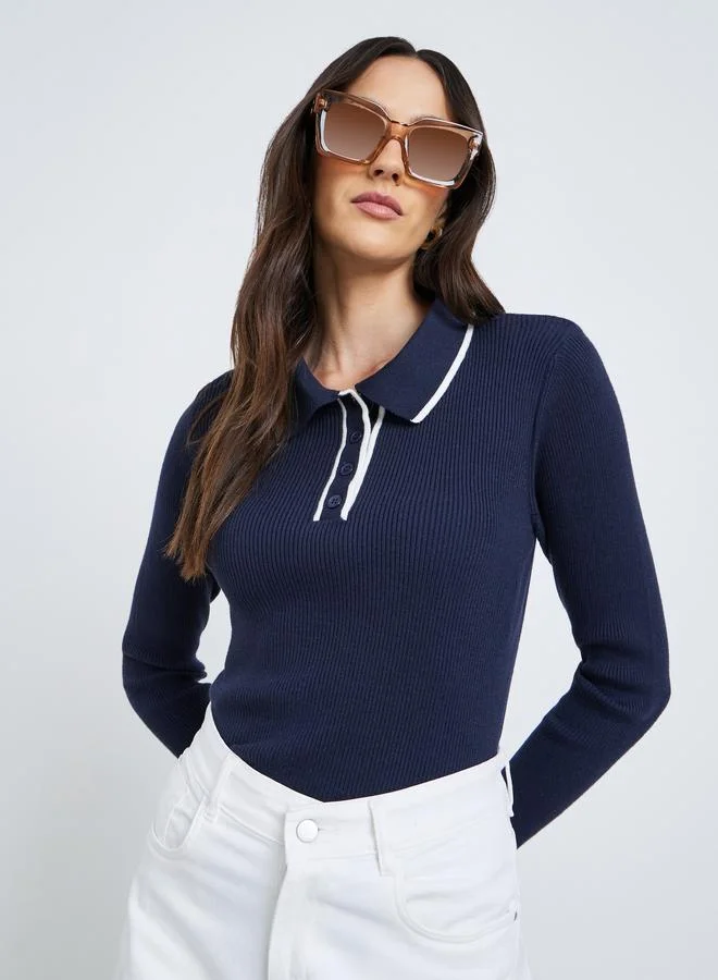 Styli Styli Textured Ribbed Long Sleeve Polo Top