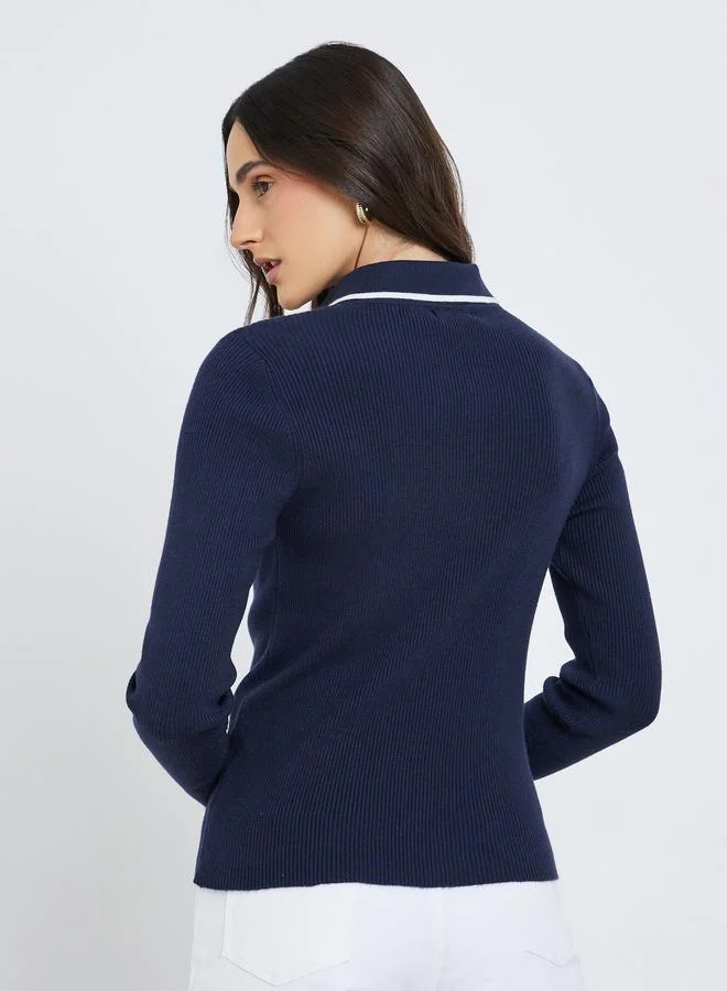 Styli Styli Textured Ribbed Long Sleeve Polo Top